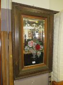 A VINTAGE OAK FRAMED GYPSY MIRROR WITH ETCHED DETAIL AND FLORAL PAINTED DETAIL INITIALLED 'S.S.B'
