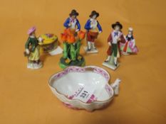 FIVE ANTIQUE HAND PAINTED CHELSEA SAMPSON STYLE FIGURES, WITH GOLD ANCHOR MARK, tallest H 9 cm AND A