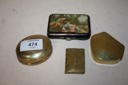 A BRASS BOOK SHAPED VESTA CASE TOGETHER WITH TWO BRASS LIDDED BOXES AND A CIGARETTE CASE (4)