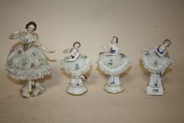 THREE CONTINENTAL STYLE BALLERINA FIGURES WITH GOLD ANCHOR STAMPS TO REVERSE TOGETHER WITH A