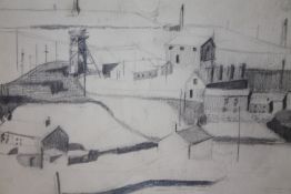 AN UNFRAMED PENCIL SKETCH OF A MINING TOWN SCENE IN THE STYLE OF LAURENCE STEPHEN LOWRY BEARS SIGNA