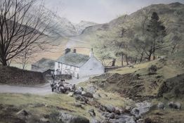 A FRAMED AND GLAZED PRINT OF A MOUNTAINOUS LANDSCAPE WITH A FIGURE DRIVING SHEEP BY ALAN INGHAM