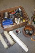 A BOX OF COLLECTABLES TO INCLUDE A VINTAGE COOKING PAN, WALKING STICK, LAMP ETC.