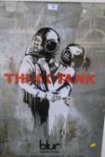 A FRAMED AND GLAZED BANKSY BLUR THINK TANK PRINT OVERALL SIZE INC FRAME - 80.5CM X 55.5CM