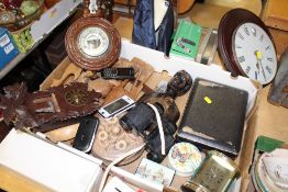 A TRAY OF COLLECTABLES TO INCLUDE A CARVED MAHOGANY BAROMETER, BINOCULARS ETC