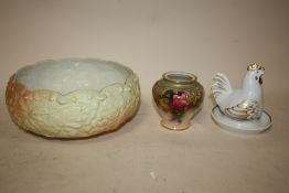 A ROYAL WORCESTER HADLEY WARE FLORAL VASE A/F TOGETHER WITH A FRUIT BOWL AND ROYAL
