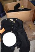 A QUANTITY OF MILITARY UNIFORM ITEMS, AMMUNITION BOX ETC