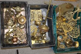THREE TRAYS OF ASSORTED BRASSWARE ETC
