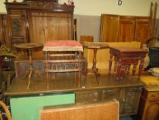 AN EDWARDIAN MAHOGANY STOOL, TWO WINE TABLES AND TWO MODERN OCCASIONAL TABLES (5)