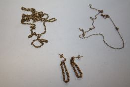 TWO 9 CARAT GOLD CHAINS, TOGETHER WITH A PAIR OF HALLMARKED 9 CARAT GOLD EARRINGS APPROX WEIGHT - 9G