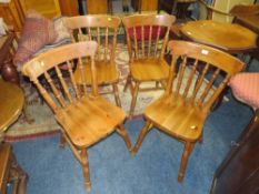 A SET OF FOUR PINE KITCHEN CHAIRS TOGETHER WITH AN OAK PIANO STOOL (5)