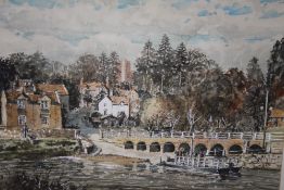 A FRAMED AND GLAZED WATERCOLOUR ENTITLED ARLEY FERRY (WORCS) SIGNED R W DICKENS LOWER CENTRE - 50.5