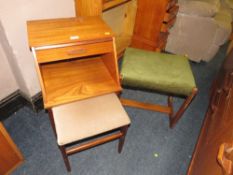 A RETRO TEAK TELEPHONE SEAT / TABLE WITH A RETRO TEAK STOOL (2)