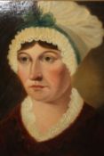 AN ANTIQUE OIL ON BOARD PORTRAIT STUDY OF A LADY IN A BONNET IN A MODERN GILT FRAME - 28 CM BY 34