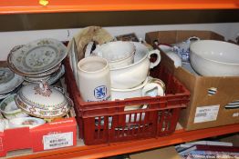 THREE TRAYS OF ASSORTED CERAMICS TO INCLUDE BLUE AND WHITE TUREENS, COALPORT ETC.