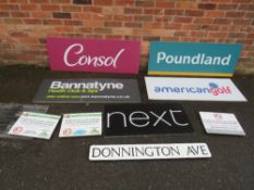 A SELECTION OF ACRYLIC SHOP RETAIL SIGNS to include Greggs, Next, American Golf, W 124 cm TOGETHER