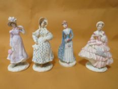 FOUR ROYAL WORCESTER WALKING-OUT DRESSES OF THE 19TH CENTURY FIGURES COMPRISING OF 1878 THE