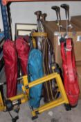 TWO TURBO TRAINERS A/F THREE CAMPING CHAIRS PLUS TWO GOLF BAGS WITH CLUBS A/F