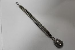 A HALLMARKED SILVER ALBERT CHAIN WITH FOB - APPROX WEIGHT 53.6G