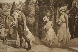 A VINTAGE OAK FRAMED BLACK AND WHITE PRINT OF A MILITARY WEDDING SCENE BY A PEARSE - OVERALL SIZE