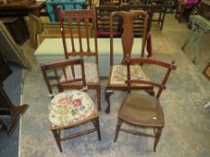 AN OAK ART NOUVEAU CHAIR, THREE ASSORTED CHAIRS (4)