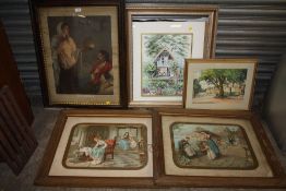A COLLECTION OF PICTURES AND PRINTS TO INCLUDE A PAIR OF OAK FRAMED ANTIQUE STYLE PRINTS OF INTERIOR