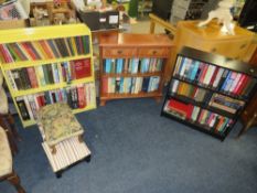 THREE MODERN OPEN BOOKCASES WITH ASSORTED BOOKS AND TWO STOOLS