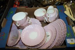 A SMALL TRAY OF HAND PAINTED PINK FRILLED AYNSLEY CHINA TO INCLUDE TRIOS