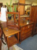 A VINTAGE WALNUT FOUR DRAWER CHEST H-90 CM W-77 CM WITH THREE SMALL OCCASIONAL PIECES (4)