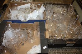 THREE TRAYS OF GLASSWARE TO INCLUDE CUT GLASS DRINKING GLASSES
