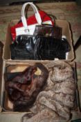 A TRAY OF LADIES HANDBAGS, TOGETHER WITH A TRAY OF FUR STOLES FAUX FUR JACKET ETC.