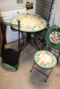 A FLORAL CIRCULAR GARDEN TABLE DIA. 70 CM WITH 2 MATCHING FOLDABLE CHAIRS