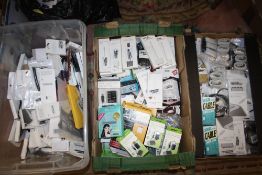 THREE BOXES OF PHONE CABLES AND ACCESSORIES ETC