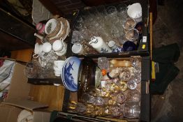 THREE TRAYS OF ASSORTED CHINA AND GLASSWARE TO INCLUDE DUCHESS CHINA, PIGGIN FIGURES ETC