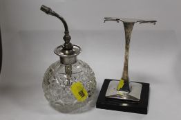 A HALLMARKED SILVER MANICURE SET STAND TOGETHER WITH A CUT GLASS PERFUME SPRAYER WITH STERLING