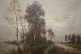 AN UNFRAMED OIL ON CANVAS OF A WOODED RIVER LANDSCAPE SIGNED W GRAY LOWER LEFT A/F 60 CM BY 50 CM
