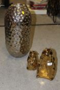 TWO MODERN DECORATIVE GOLD COLOURED CERAMIC MONKEY FIGURES TALLEST HEIGHT - 29.5CM TOGETHER WITH A