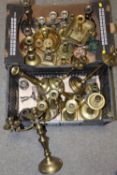 TWO TRAYS OF METAL CANDLESTICKS TO INCLUDE BRASS EXAMPLES