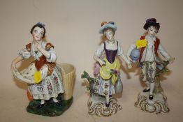 A PAIR OF CONTINENTAL FIGURES S/D TOGETHER WITH ANOTHER STAMPED M A TO BASE