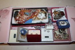 A BOX OF COSTUME JEWELLERY TO INCLUDE A SILVER BANGLE