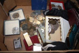 A COLLECTION OF VINTAGE COINS AND LIGHTERS ETC