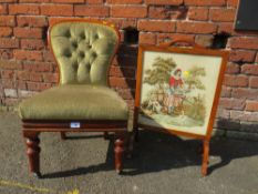 A VICTORIAN MAHOGANY FRAMED BEDROOM CHAIR AND A FIRESCREEN (2)