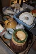 THREE BOXES OF CERAMICS AND STONEWARE TO INCLUDE MASON'S, STONEWARE FLAGON ETC