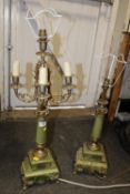 TWO ONYX AND BRASS EFFECT VINTAGE TABLE LAMPS TO INCLUDE A FIVE BRANCH EXAMPLE - TALLEST 72CM -