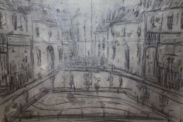 AN UNFRAMED PENCIL SKETCH OF A BUSY STREET SCENE IN SALFORD IN THE STYLE OF LAURENCE STEPHEN LOWRY