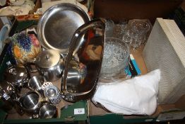TWO TRAYS OF METALWARE AND GLASSWARE TO INCLUDE OLDHALL STAINLESS STEEL, SYLVAC FRUIT PATTERN JUG