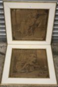 A PAIR OF ANTIQUE FRAMED FIGURATIVE TAPESTRIES SIZE - 48.5CM X 48.5CM