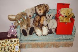 A COLLECTION OF VINTAGE TEDDY BEARS TO INCLUDE A DEAN'S BEAR IN A BOX, SEATED UPON A MINIATURE