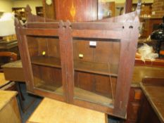 AN OAK ARTS & CRAFTS STYLE GLAZED HANGING WALL CUPBOARD H-71.5 W-82 CM