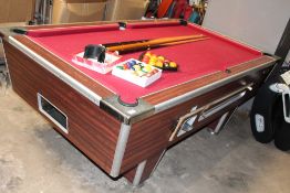A POOL TABLE WITH BALLS AND CUES